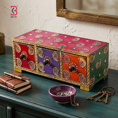 KB ART Wooden 3 Drawer Horizontal Box - Close-Up of Hand-Carved Artisan Texture - Handcrafted Wooden Decor Jodhpur