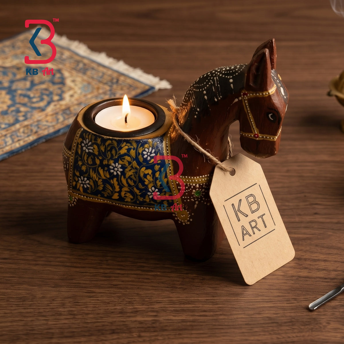 KB ART Royal Horse Handpainted Wooden Candle Holder - Close-Up of Hand-Carved Artisan Texture - Handcrafted Wooden Decor Jodhpur
