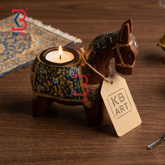 KB ART Royal Horse Handpainted Wooden Candle Holder - Close-Up of Hand-Carved Artisan Texture - Handcrafted Wooden Decor Jodhpur