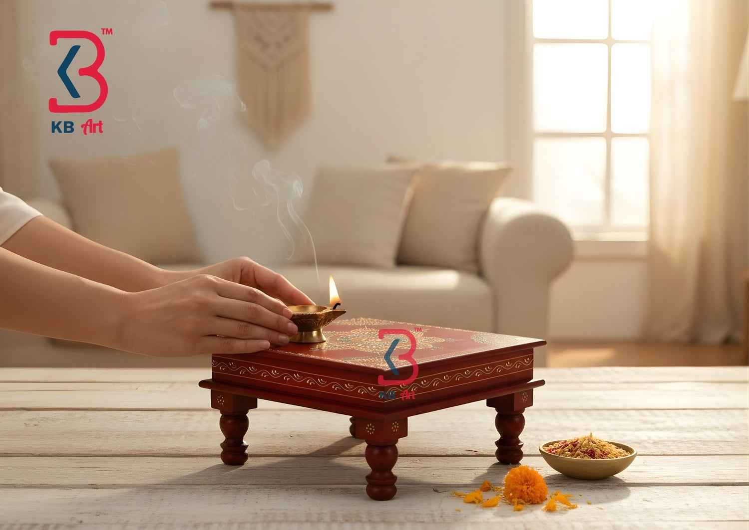 Handcrafted Wooden Red Mandala Bajot | Traditional Pooja Chowki & Low Stool