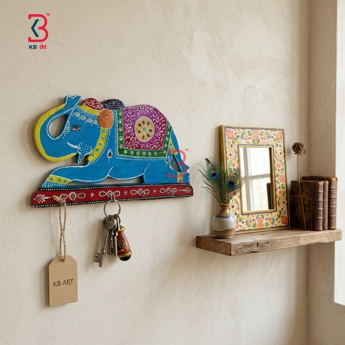 KB ART Elephant Key Stand Hook Stand - Front View of Handcrafted Detailing - Handcrafted Wooden Decor Jodhpur