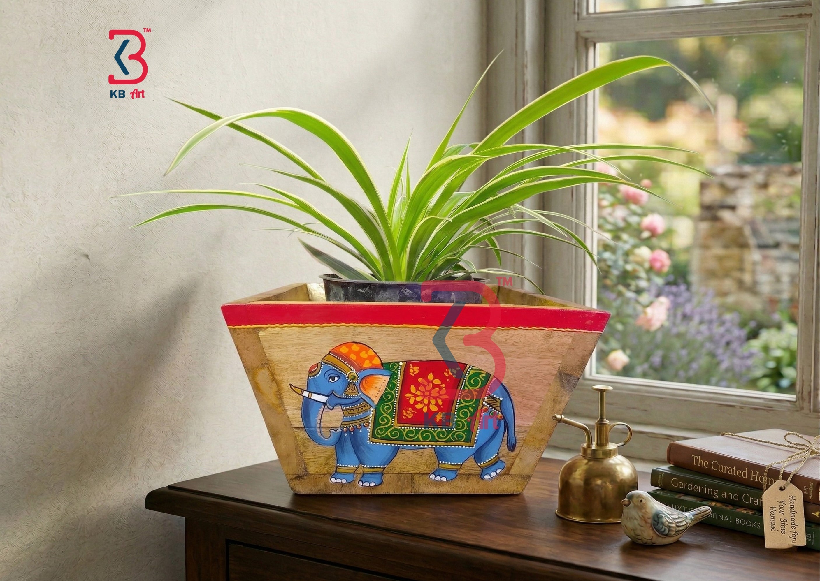KB ART Wooden Trapezium Elephant Pichwai Planter - Side Angle Showing Finish and Craftsmanship - Handcrafted Wooden Decor Jodhpur