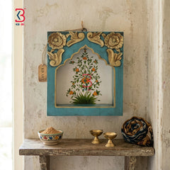 KB ART traditional hand-painted wooden jharokha wall frame model KB-402 featuring a turquoise body, carved golden top scrolls, and a hand-painted Mughal floral motif.