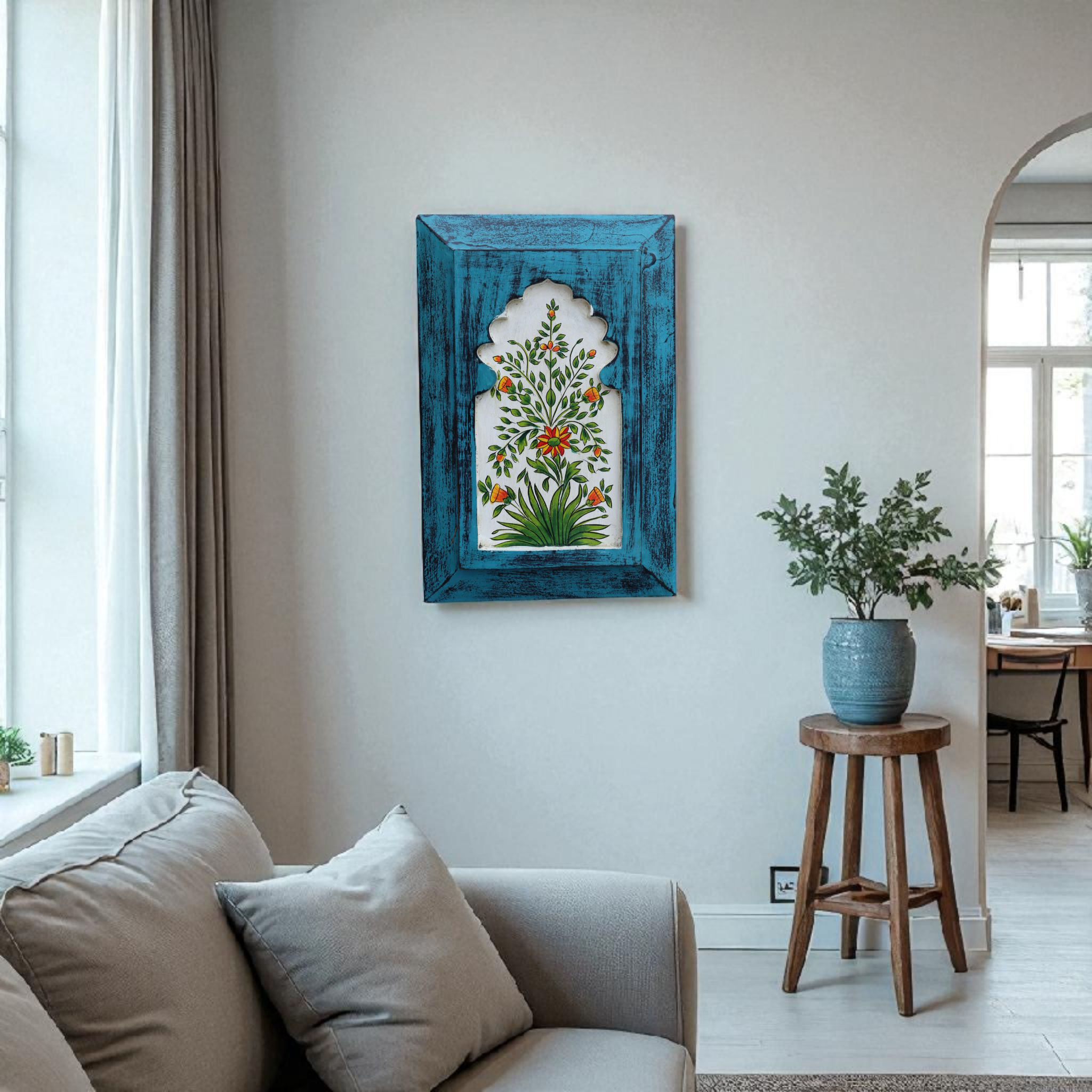 KB ART Handpainted Wooden Jharokha Wall Panel –  Turquoise Floral Mughal Arch Decor | Antique Look Wall Hanging