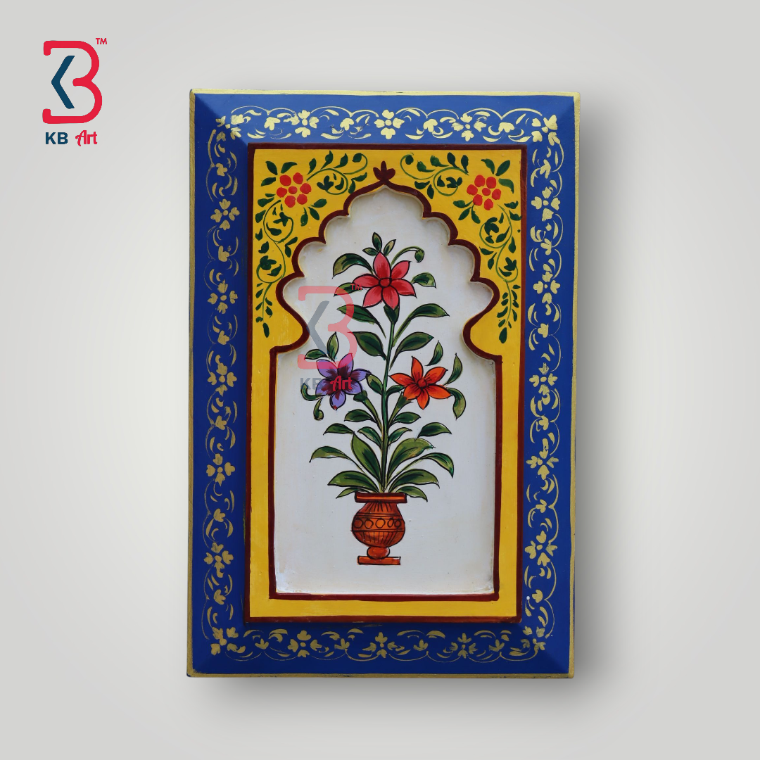 KB ART Handpainted Wooden Wall Jharokha Panel Arch Décor –  Dark Blue & Yellow Floral Mughal Painting | Antique Look Home & Interior Decor