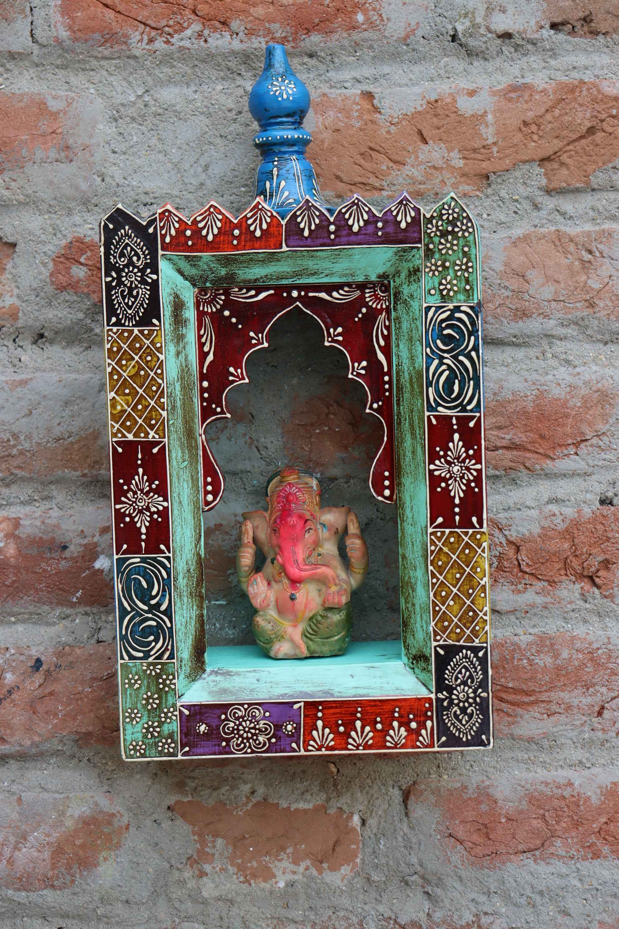 KB ART Handpainted Wooden Temple Wall Decor –  Multicolor Amboz Work Antique Look Handcarved Wall Hanging Mandir