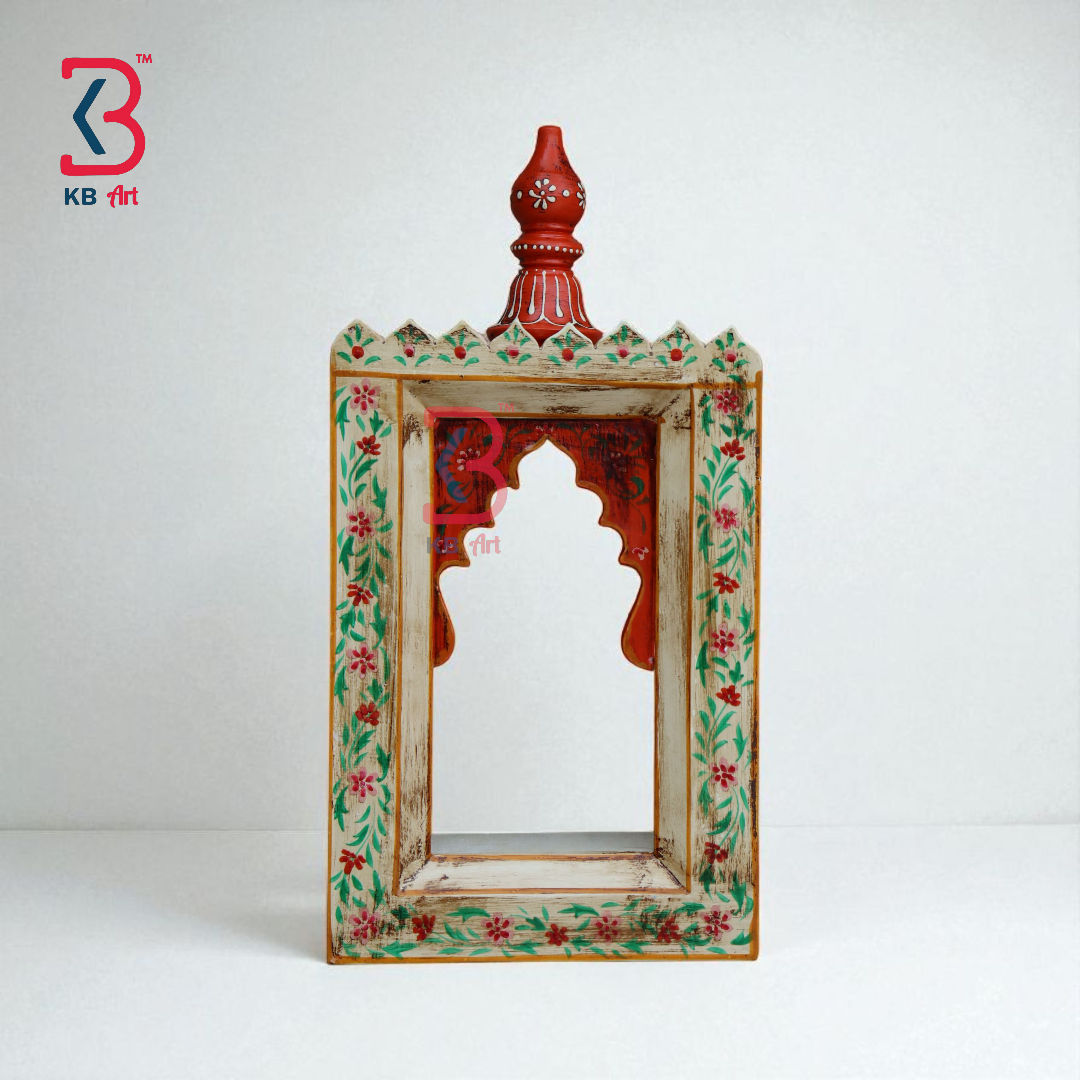 KB ART Handpainted Wooden Temple Wall Decor –  White colour handpainted motifs Work Antique Look Handcarved Wall Hanging Mandir