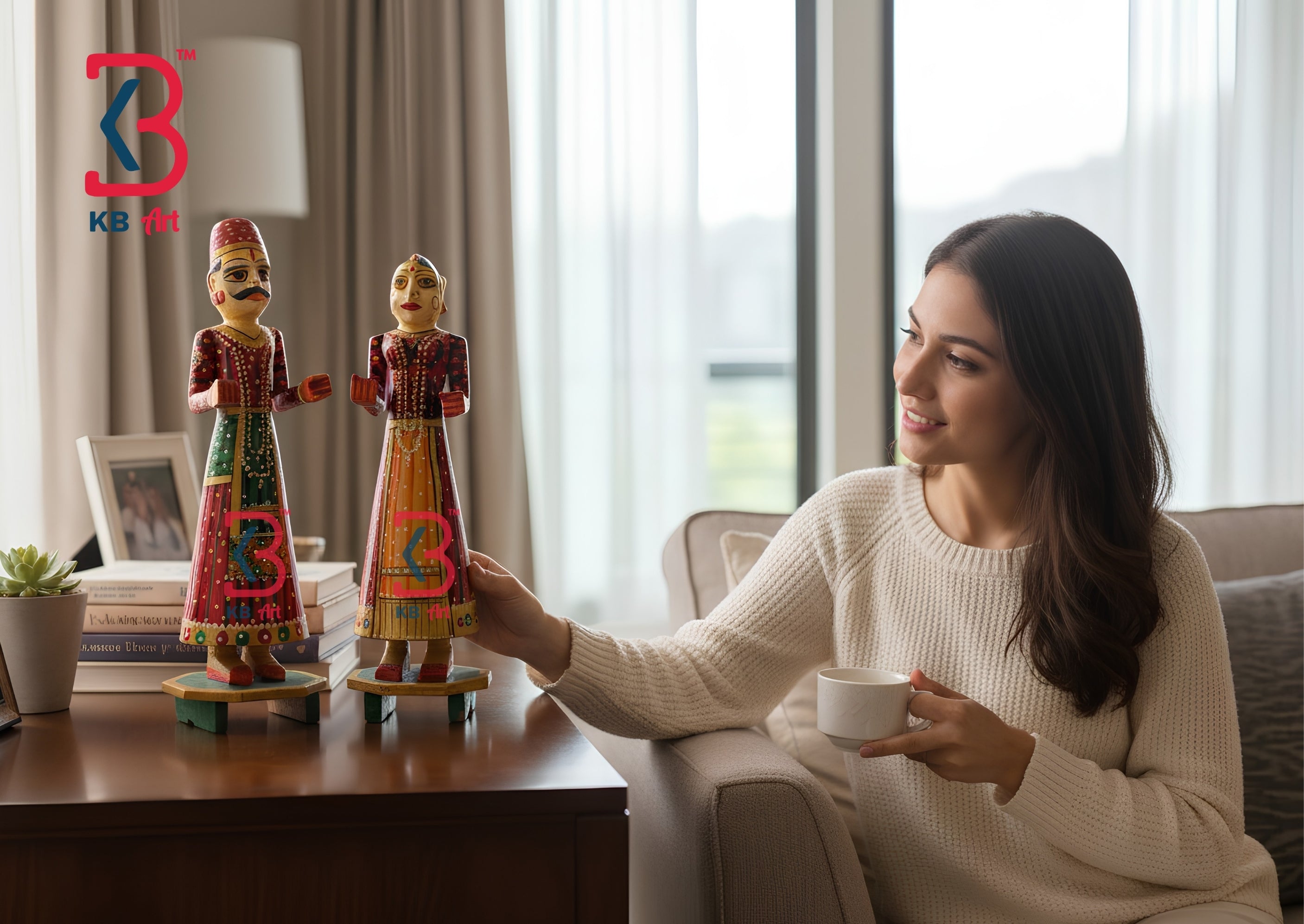 KB ART Wooden Gangaur Puppet Dolls - Styled Display in Home Interior Setting - Handcrafted Wooden Decor Jodhpur