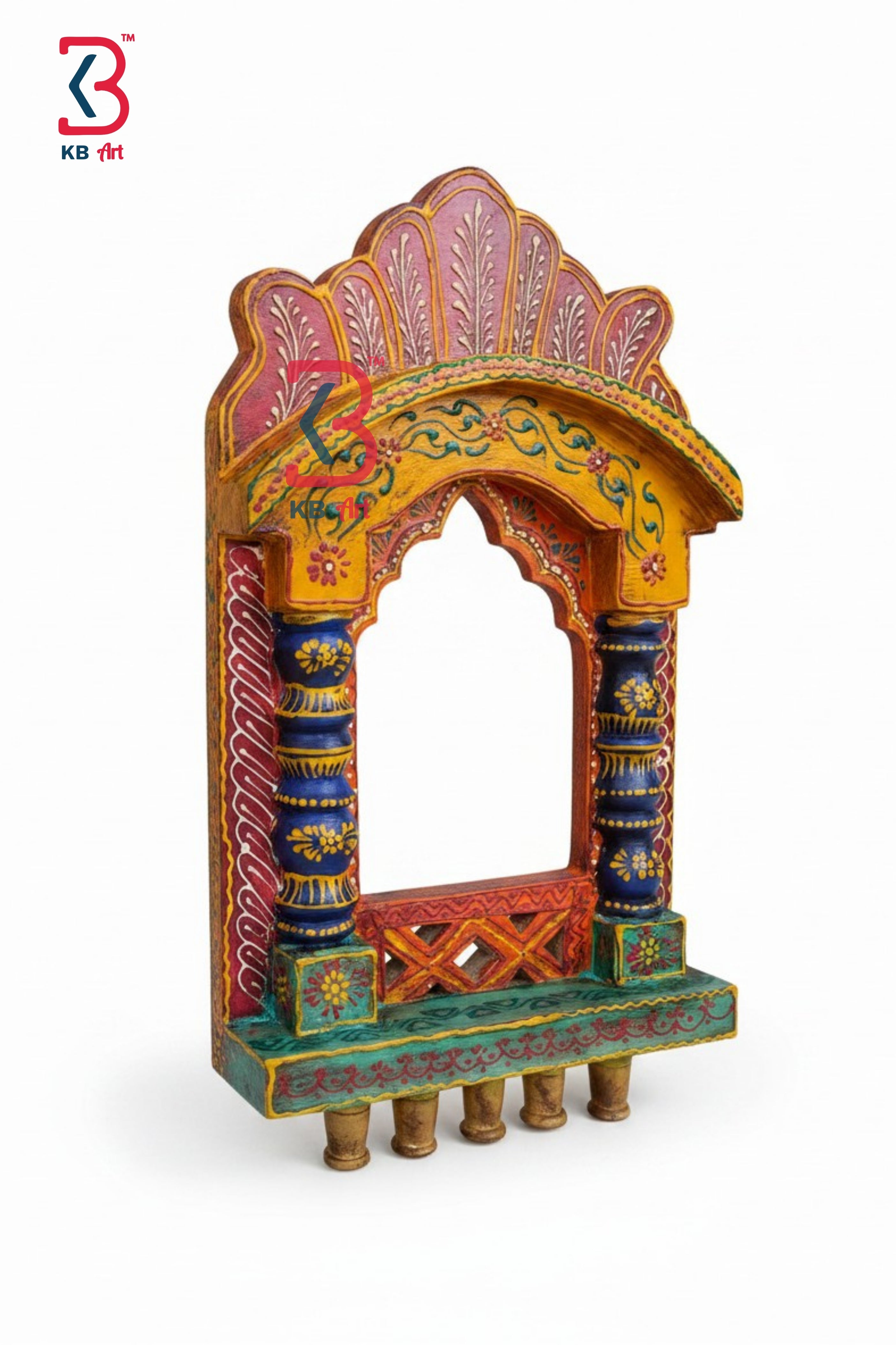 KB ART Wooden Rajasthani Jharokha - Front View of Handcrafted Detailing - Handcrafted Wooden Decor Jodhpur