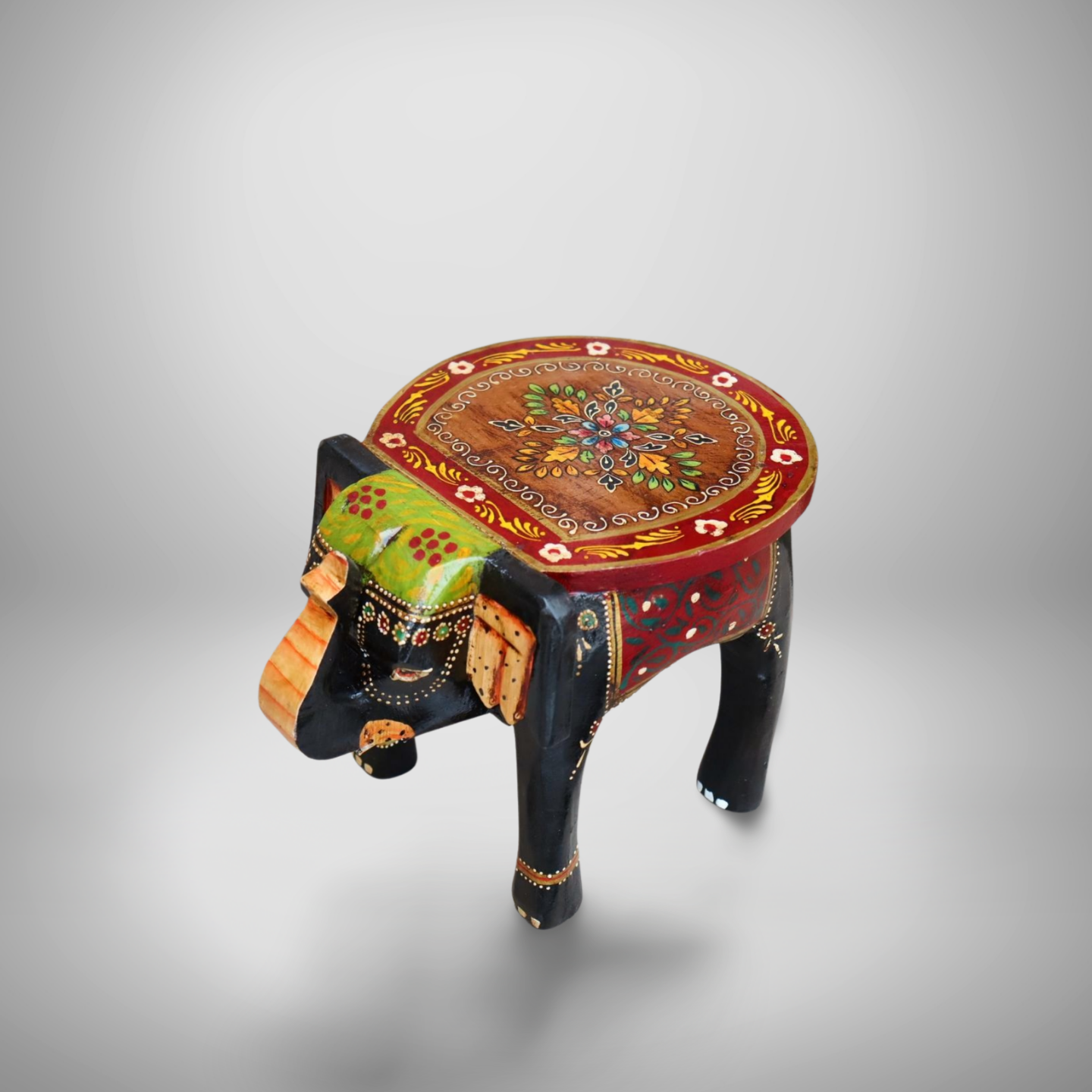 KB ART Handpainted Wooden Elephant Stool –  8 Inch Black & Red Misri Art | Handcarved Antique Look Home Decor & Gifting