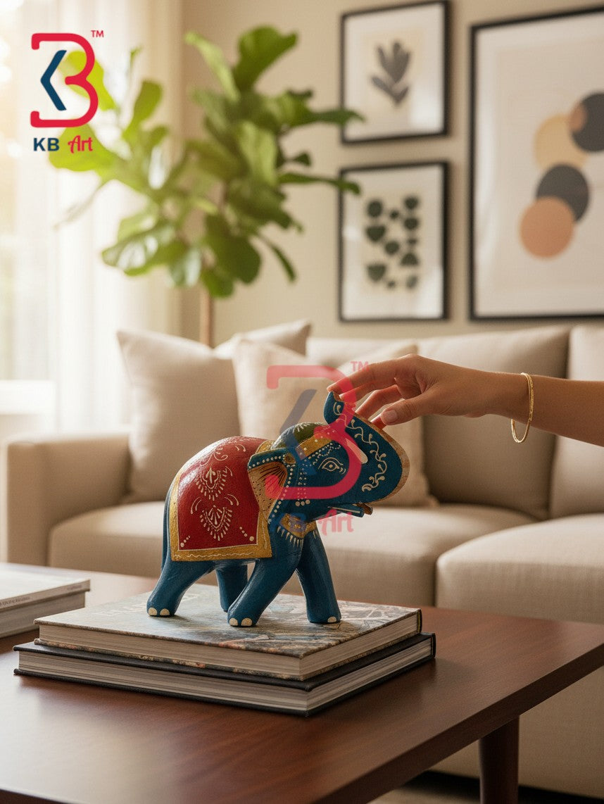 KB ART Traditional Indian Wooden Elephant Statue Handcrafted Indian Artisan Tabletop - Wooden Elephant Figurine Trunk Raised Good Luck Vastu