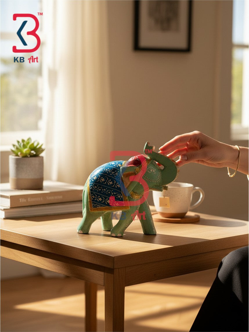 KB ART Hand Carved Solid Wood Elephant Statue Interior Decor Handcrafted - Collectible Indian Folk Art Wooden Elephant Showpiece