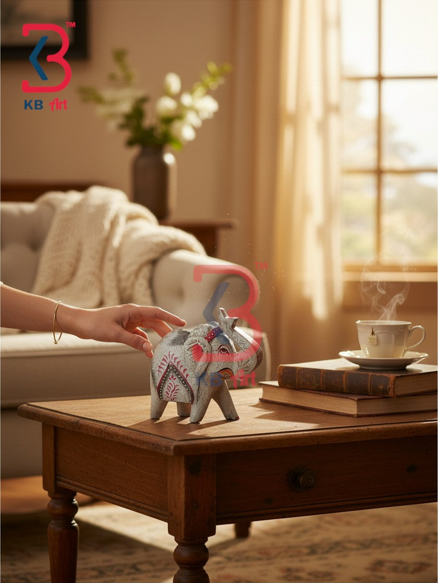 KB ART Authentic Hand Painted Wooden Elephant Home Accent Piece Handcrafted - Wood Carved Elephant with Royal Caparison Design