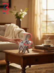 KB ART Authentic Hand Painted Wooden Elephant Home Accent Piece Handcrafted - Wood Carved Elephant with Royal Caparison Design