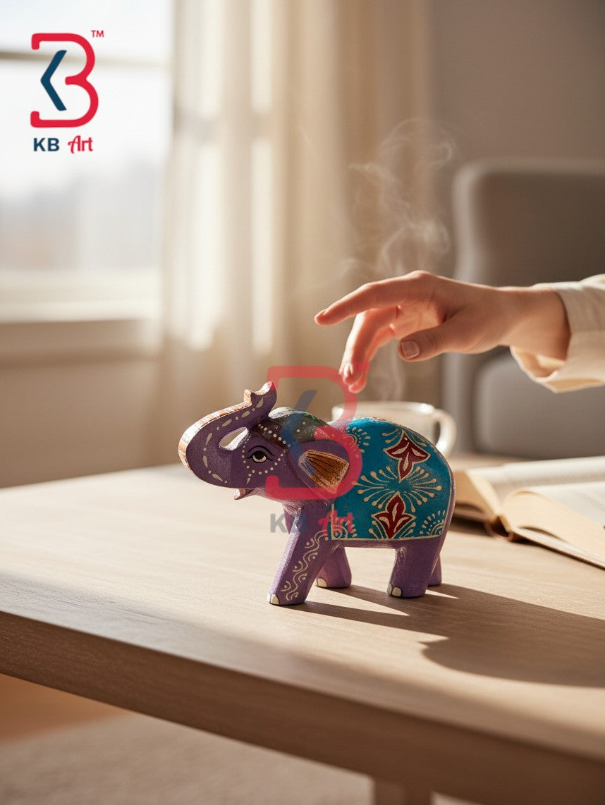 KB ART Handcrafted Wood Elephant Sculpture Festive Gifting Indian Artisan Tabletop - Small Hand Painted Wooden Elephant Statue Isolated