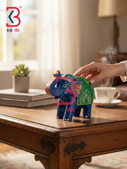 KB ART Artistic Wooden Elephant Sculpture Blue Saddle Handcrafted Indian Artisan - Rajasthani Hand Painted Wooden Elephant for Console Decor