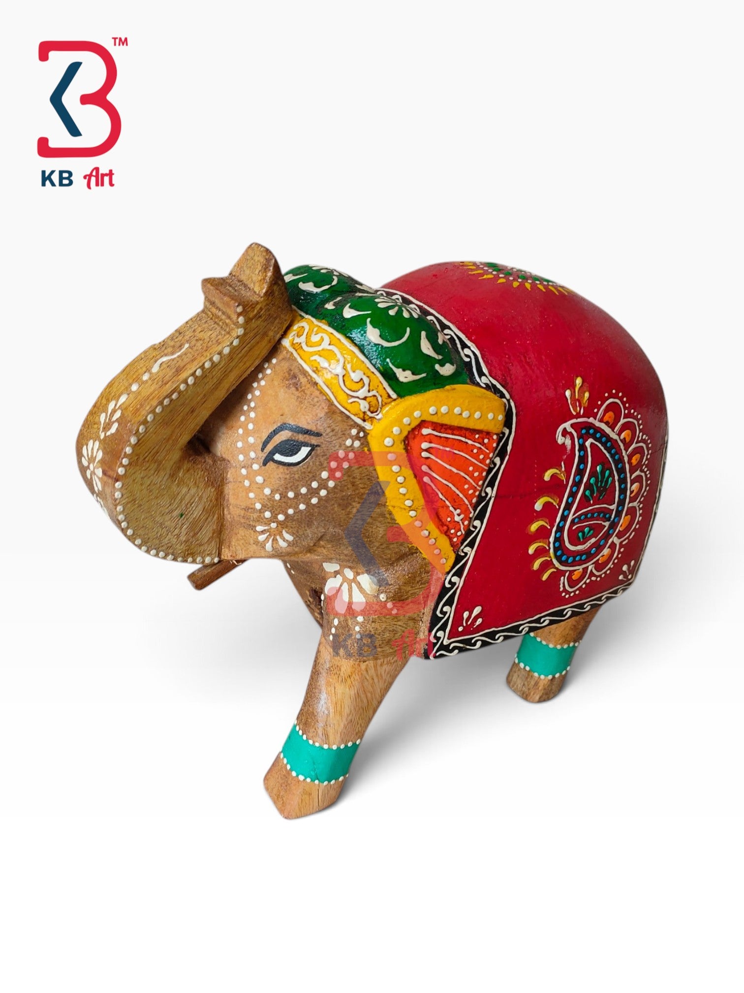 KB ART Hand Carved Wooden Elephant Ornate Head Cloth Handcrafted Indian - Hand Carved Wooden Elephant with Ornate Head Cloth