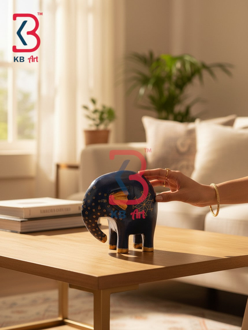 KB ART Hand Painted Dark Blue Wood Elephant Showpiece Trunk Down - Royal Blue Wooden Elephant Statue Gold Mandala Art