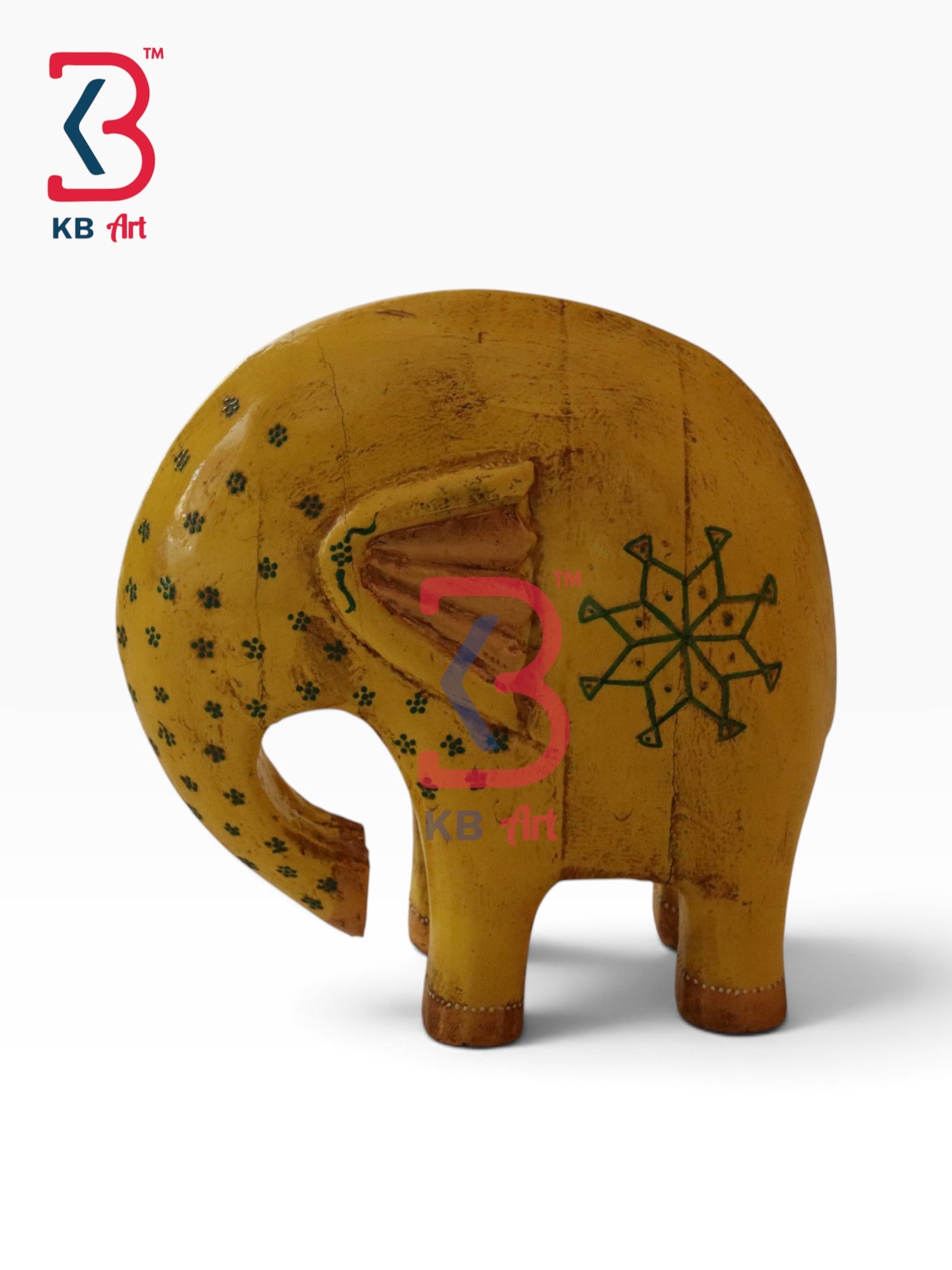 KB ART Navy Yellow Wood Elephant Golden Motifs Handcrafted Indian Artisan - Decorative Navy Yellow Wood Elephant with Golden Motifs