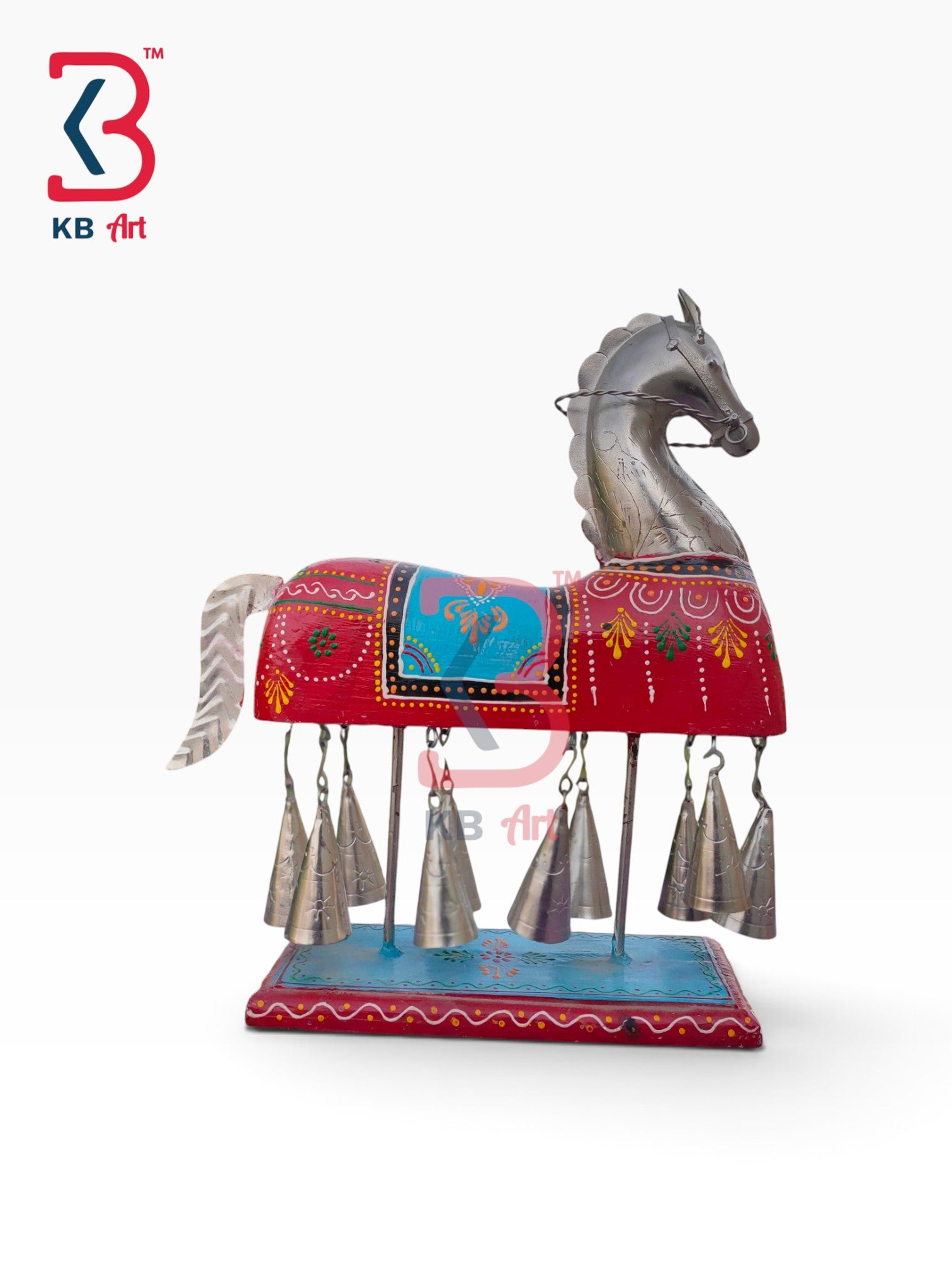 KB ART Miniature Red Blue Painted Wooden Horse Bells Vastu Decor - Miniature Red and Blue Painted Wooden Horse with Bells Vastu Decor