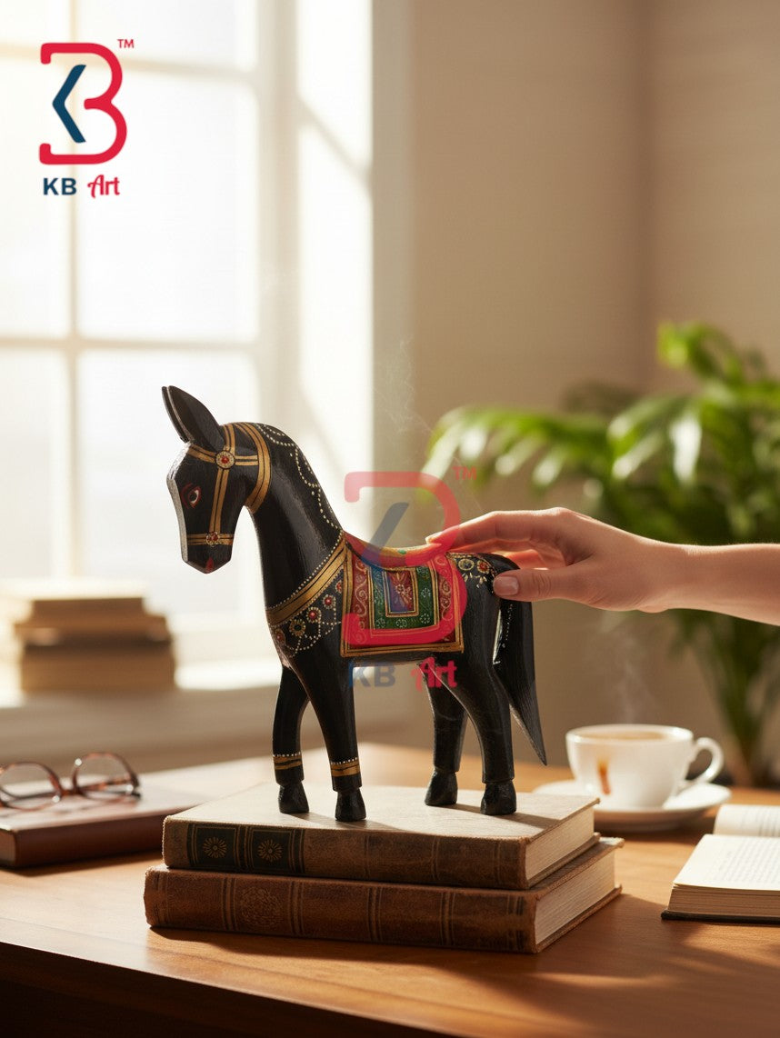 KB ART Traditional Hand Painted Wooden Marwari Horse Showpiece Handcrafted Indian - Handcrafted Black Wooden Horse Statue Rajasthani Decor