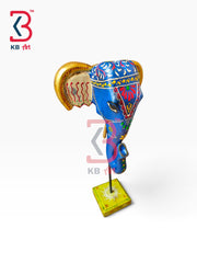 KB ART Royal Indian Carved Wood Blue Elephant Head Stand Figurine - Royal Indian Carved Wood Royal Blue Elephant Head with Stand - Alternate Angle