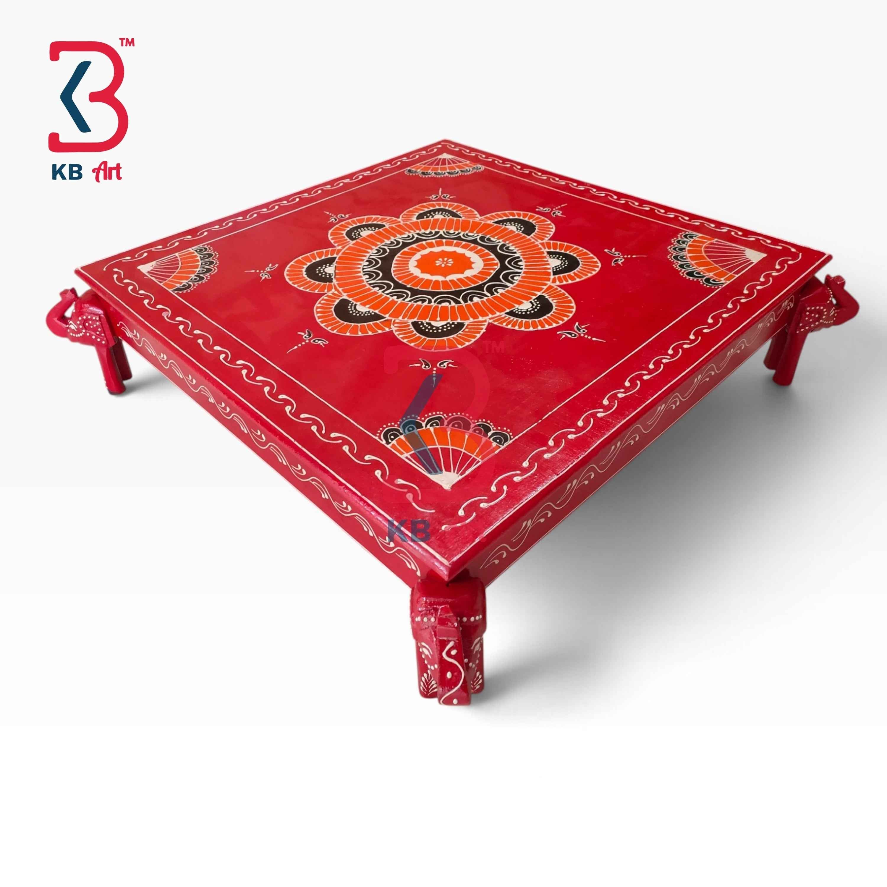 Ethnic Indian Hand Painted Square Wooden Chowki Table Home Decor Styling Traditional Artisan Furniture Accent Display Puja Mandir Ritual Festive