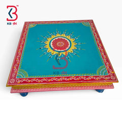 Embossed Painted Wooden Low Stool God Idols Indian Home Decor Styling Traditional Artisan Furniture Accent Display Puja Mandir Ritual Festive