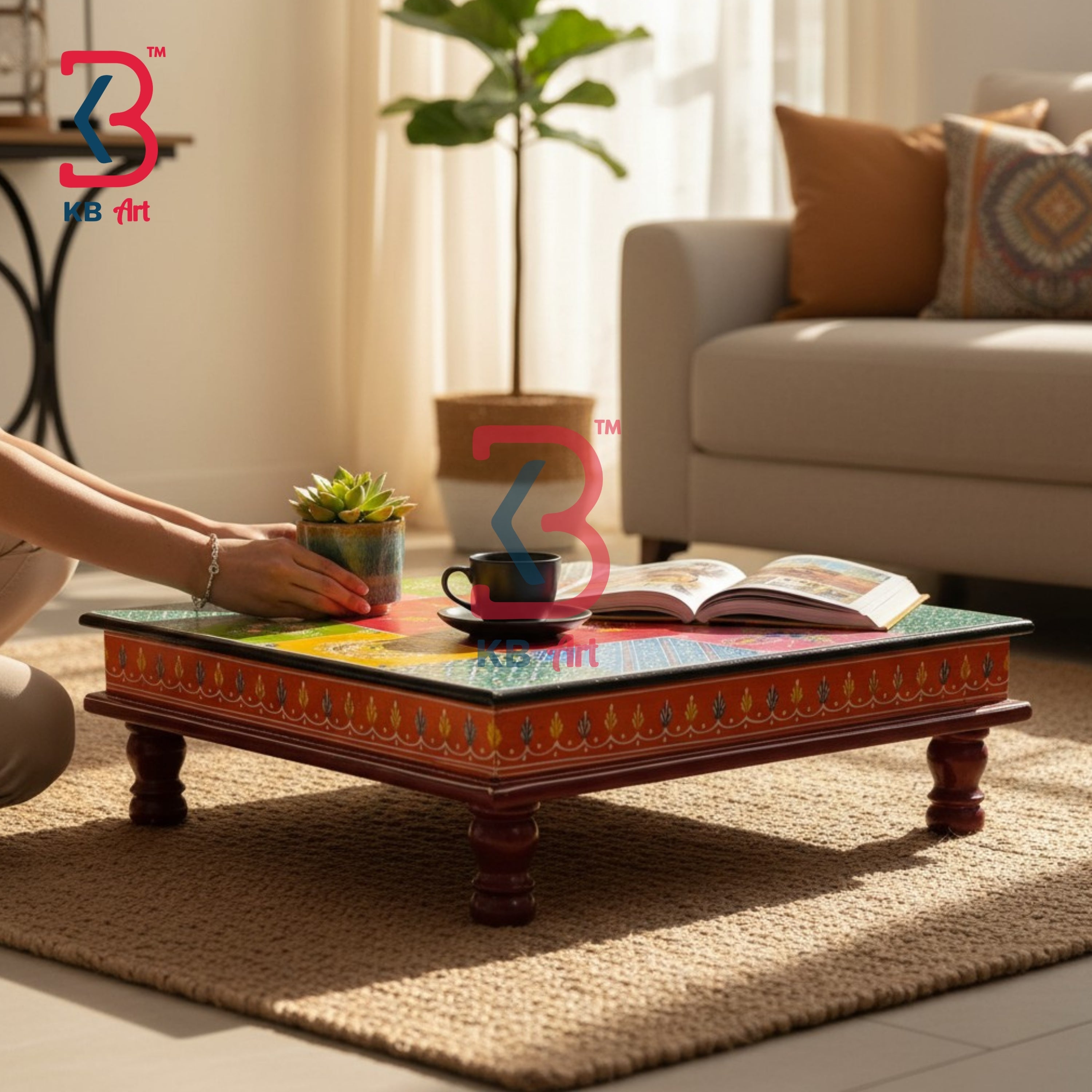 KB ART Wooden Chowki KB-5071 - hand finished finish, handmade Jodhpur wood decor