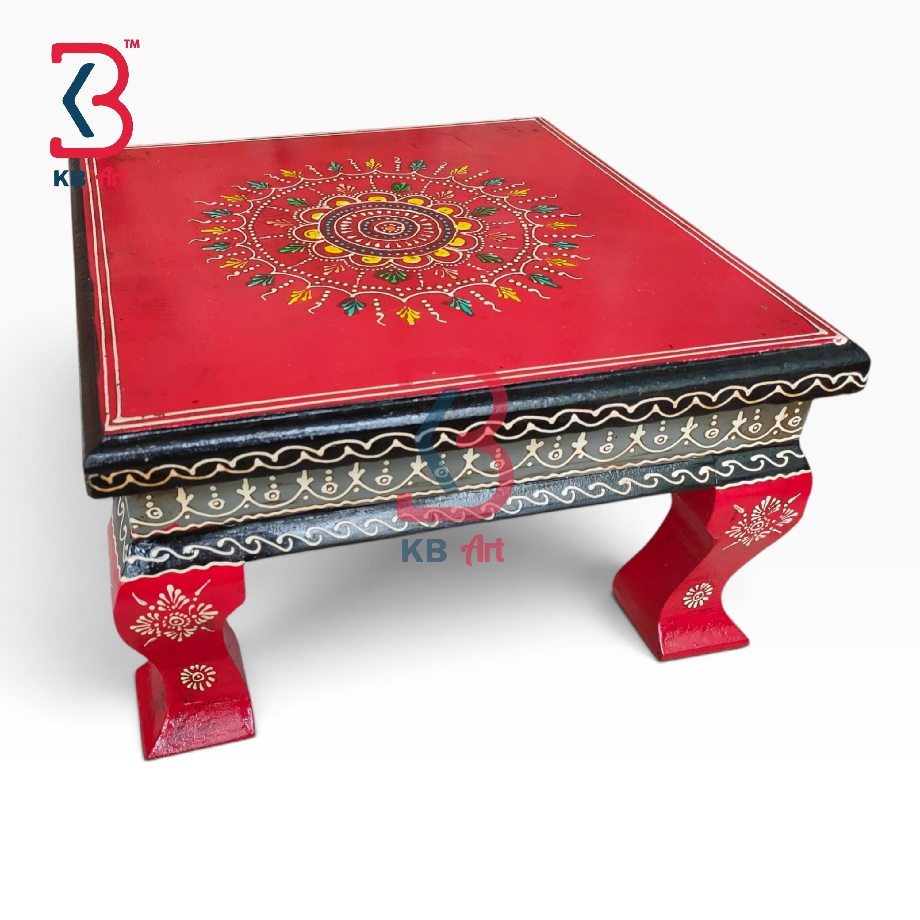 KB ART Wooden Chowki KB-5074 - hand painted finish featuring square motif design, handmade Jodhpur wood decor