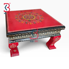 KB ART Wooden Chowki KB-5074 - hand painted finish featuring square motif design, handmade Jodhpur wood decor
