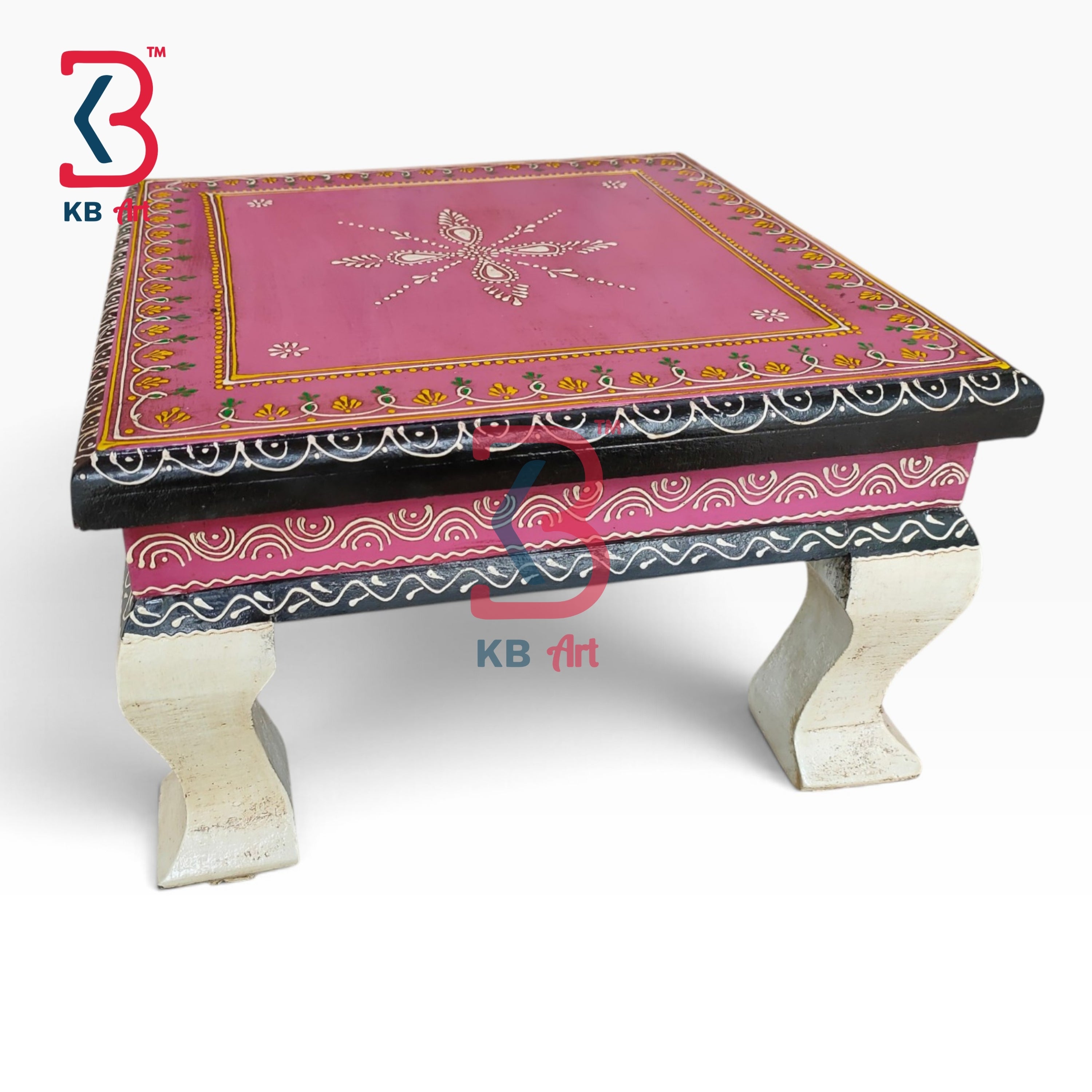 KB ART Wooden Chowki KB-5075 - hand carved finish, handmade Jodhpur wood decor