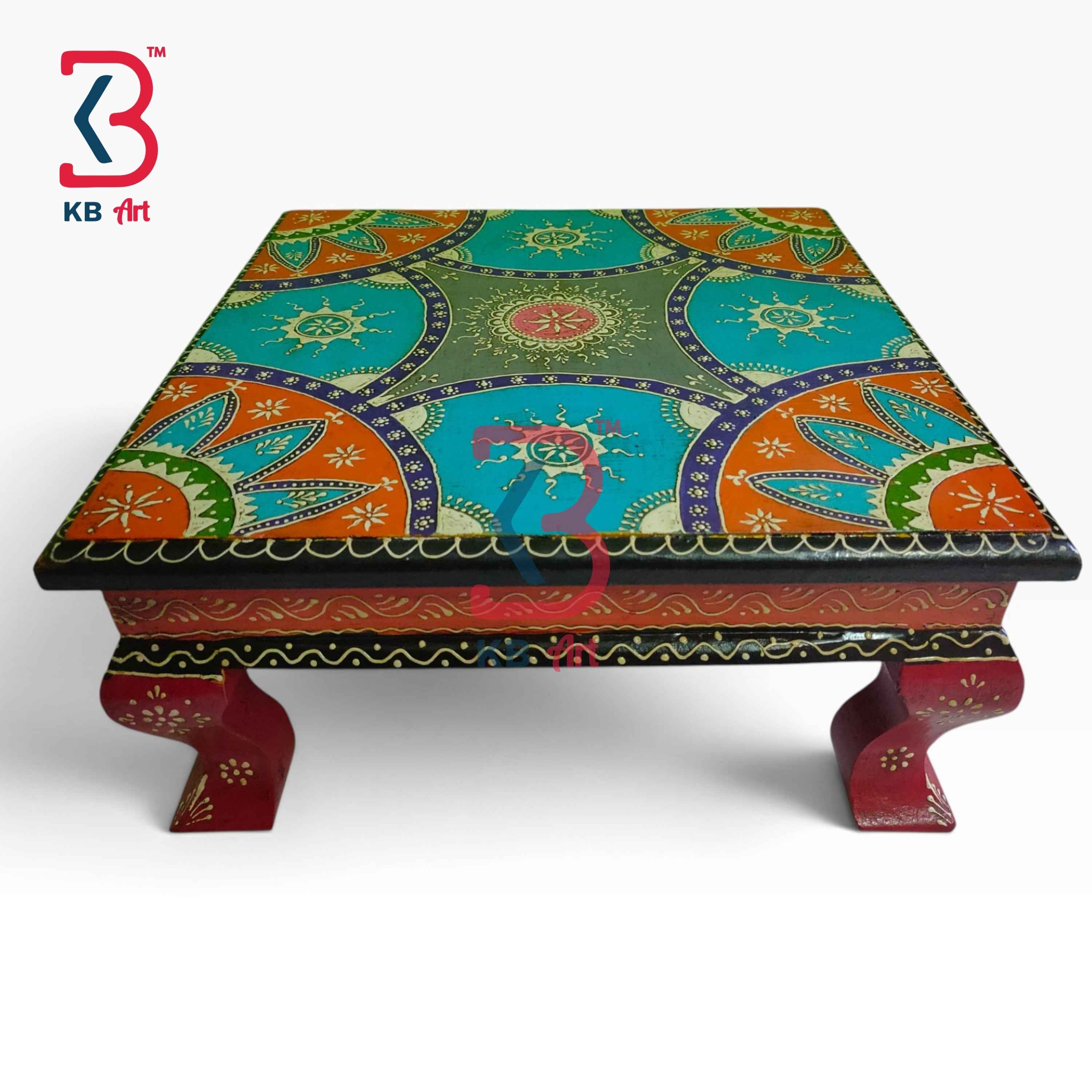 Decorative Wood Pooja Asan Stool Top Angle View Indian Home Decor Styling Traditional Artisan Furniture Accent Display Puja Mandir Ritual