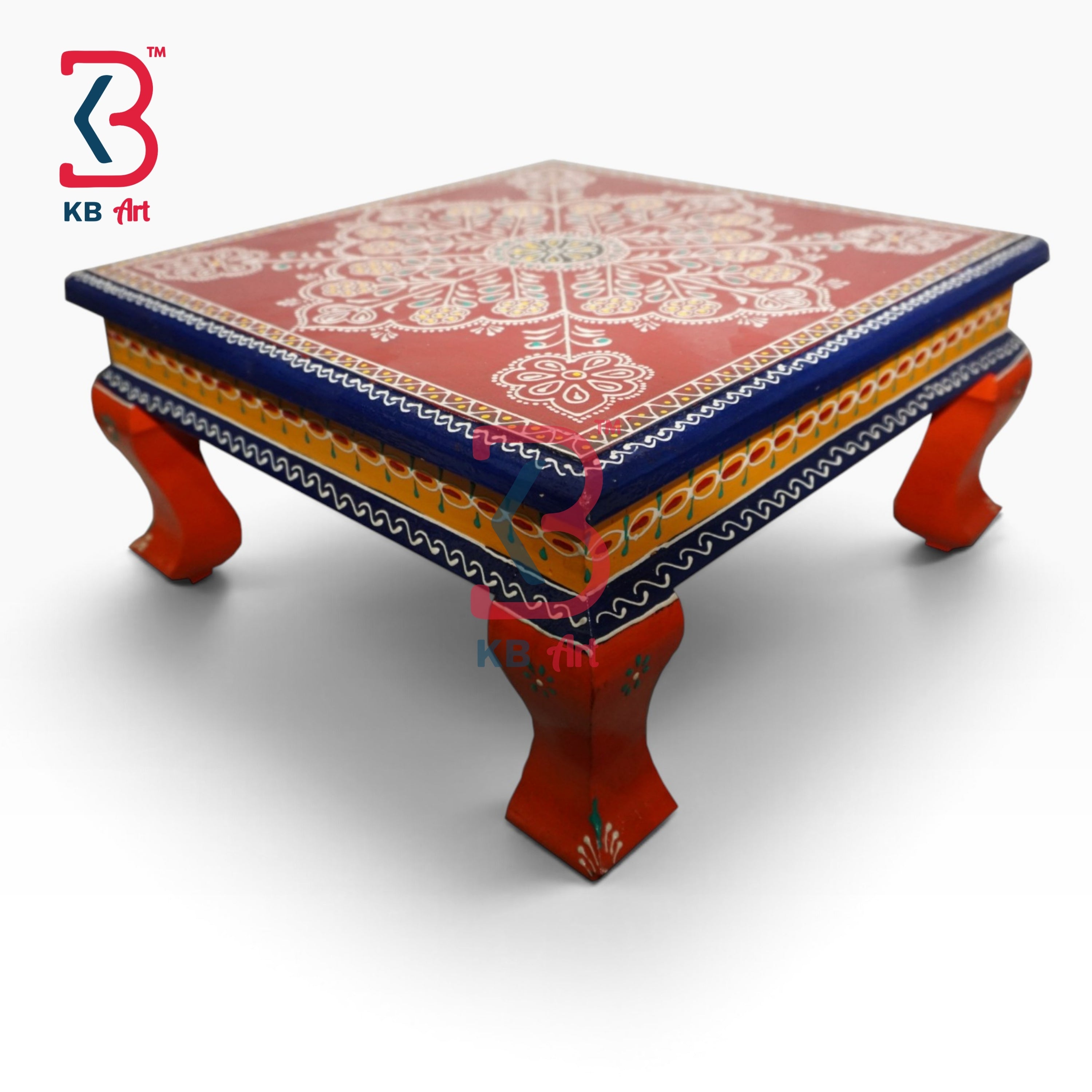 KB ART Wooden Chowki KB-5085 - hand finished finish, handmade Jodhpur wood decor