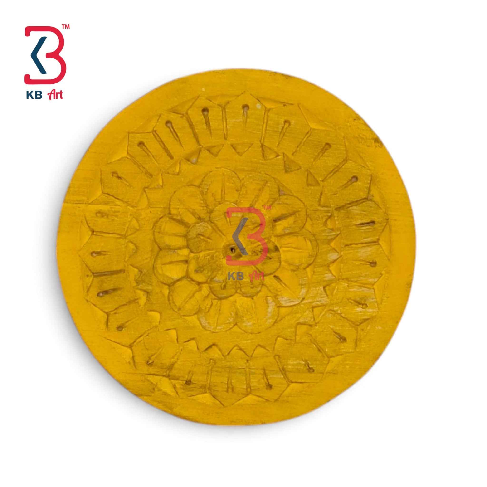 KB ART 12 Inch Handcrafted Wooden Carved Wall Plate Sunshine Yellow Distressed Mandala Floral Panel Wall Decor