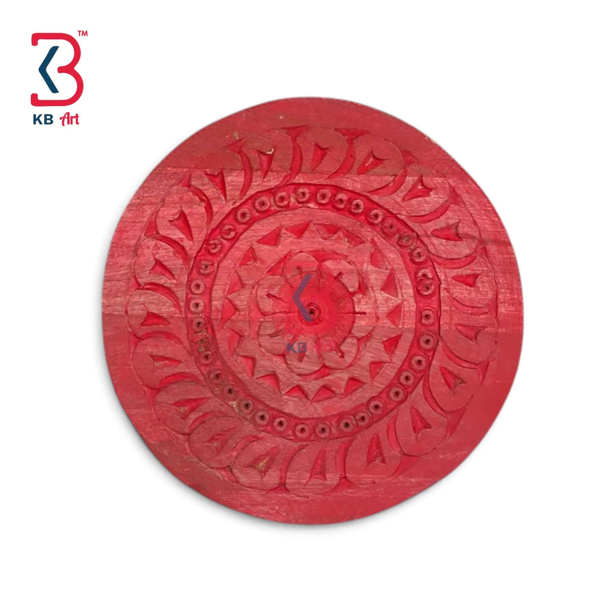 KB ART 12 Inch Handcrafted Wooden Carved Wall Plate Coral Rose Red Distressed Mandala Floral Panel Wall Decor