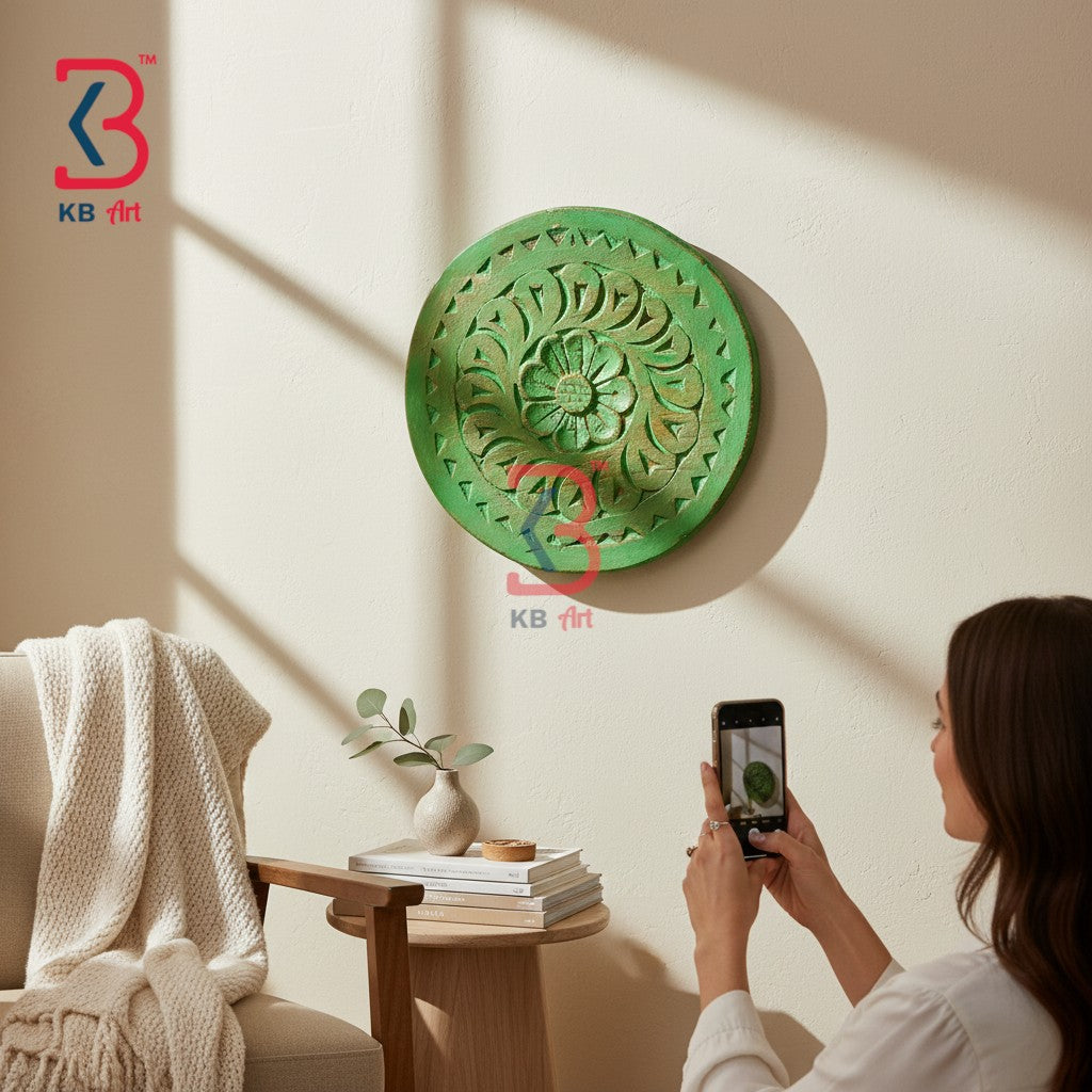 KB ART Hand carved wooden plate for entryway wall styling green colour – styled home decor lifestyle view