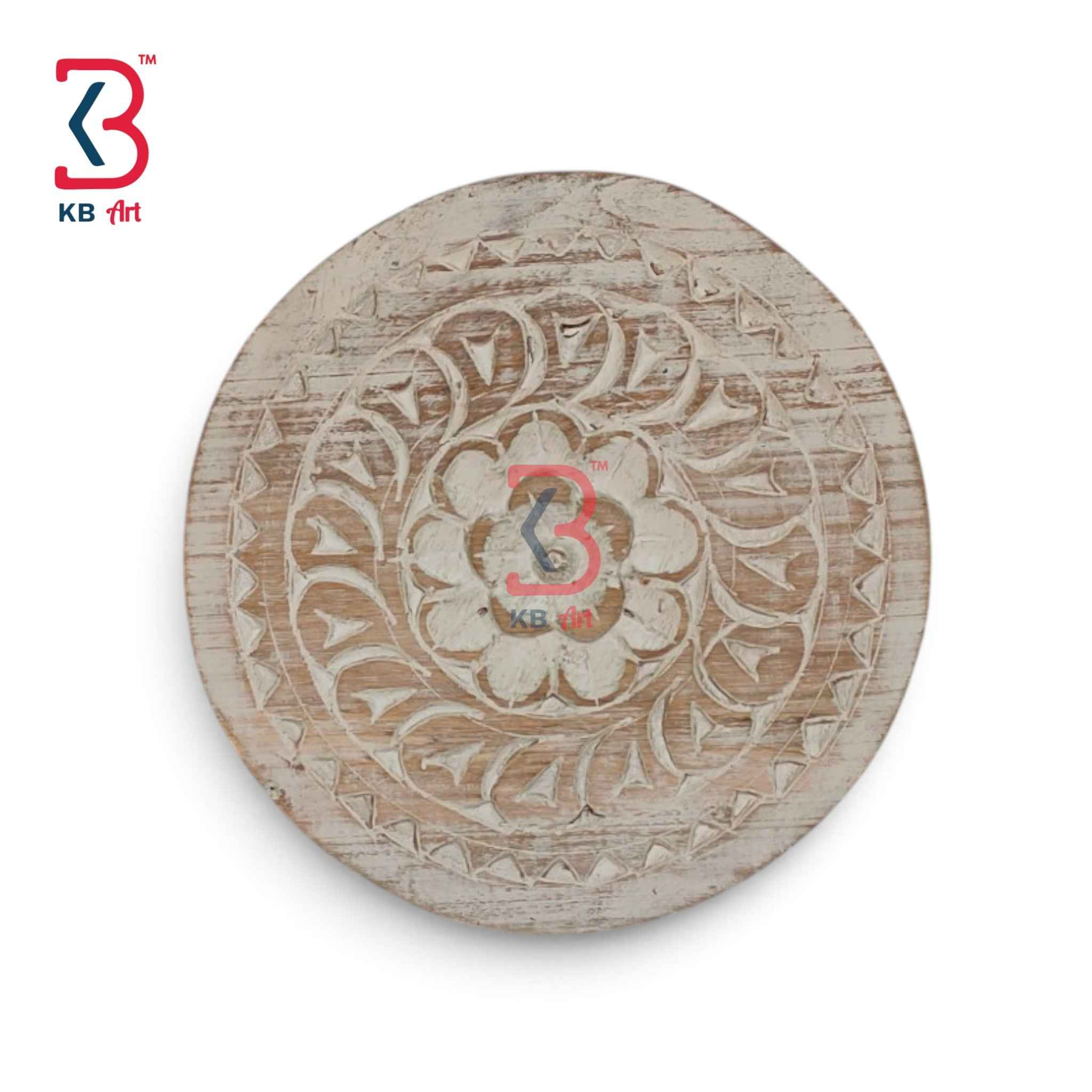 KB ART 12 Inch Handcrafted Wooden Carved Wall Plate Distressed Antique White Mandala Floral Panel Wall Decor
