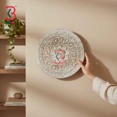 KB ART 12 Inch Handcrafted Wooden Carved Wall Plate Distressed Antique White Mandala Floral Panel Wall Decor