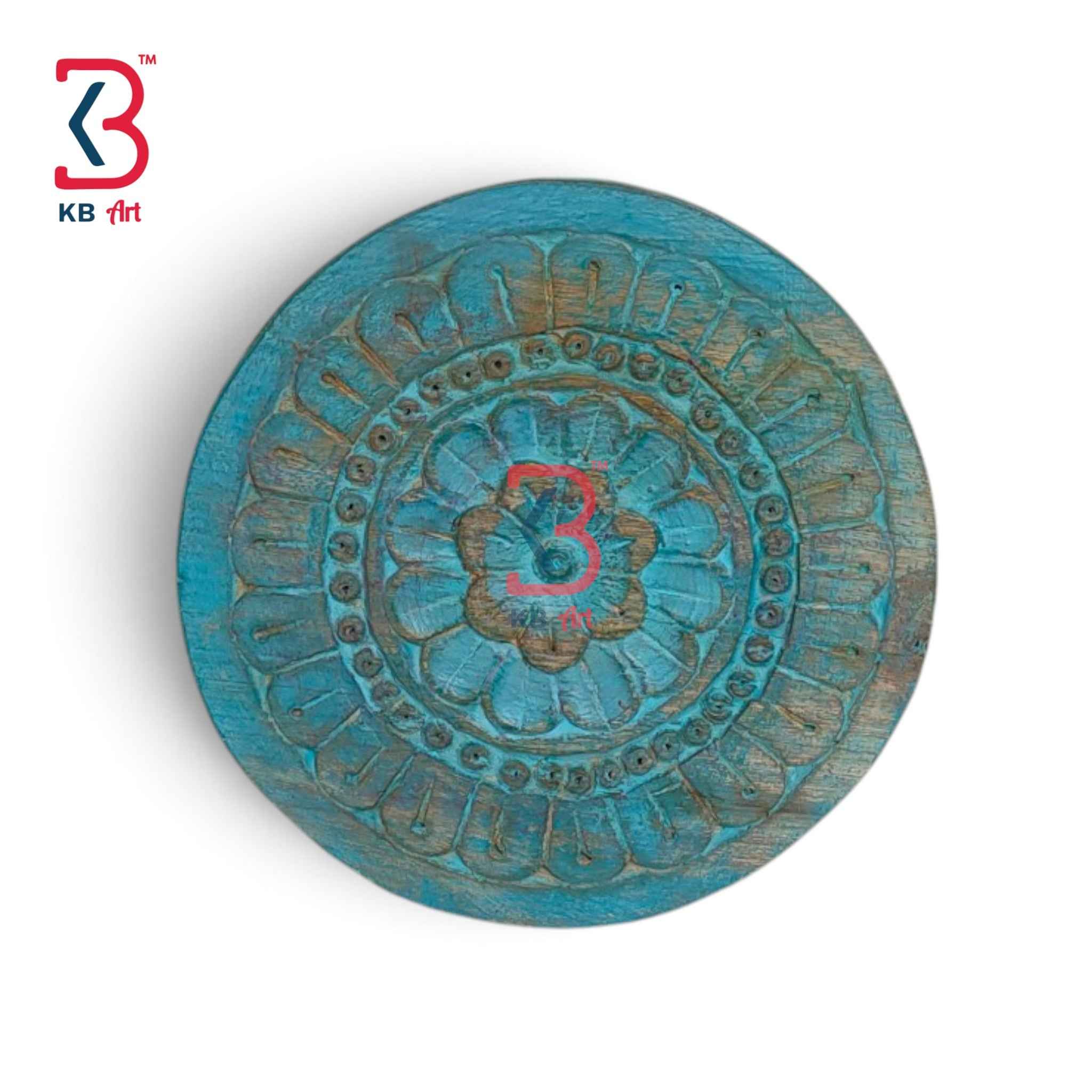 KB ART 12 Inch Handcrafted Wooden Carved Wall Plate Royal Indigo Blue Distressed Mandala Floral Panel Wall Decor