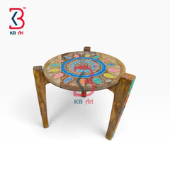 KB ART Wooden Accent Stool KB-5098 - hand carved finish, handmade Jodhpur wood decor
