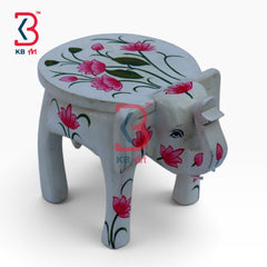 KB ART Wooden Elephant Stool KB-5103 - hand finished finish featuring elephant motif design, handmade Jodhpur wood decor