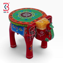 KB ART Wooden Elephant Stool KB-5104 - hand finished finish featuring elephant motif design, handmade Jodhpur wood decor