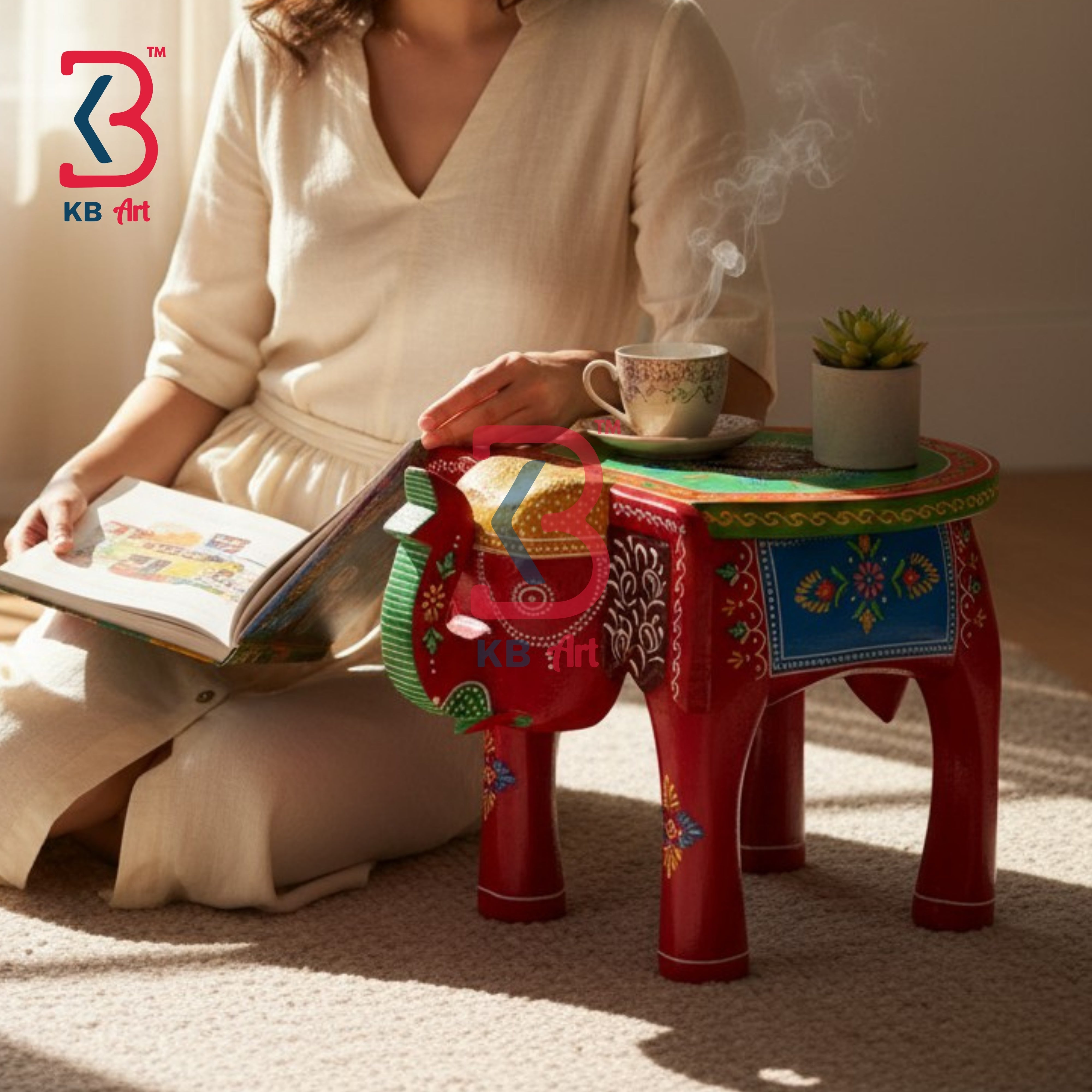 KB ART Wooden Elephant Stool KB-5104 - hand finished finish featuring elephant motif design, handmade Jodhpur wood decor