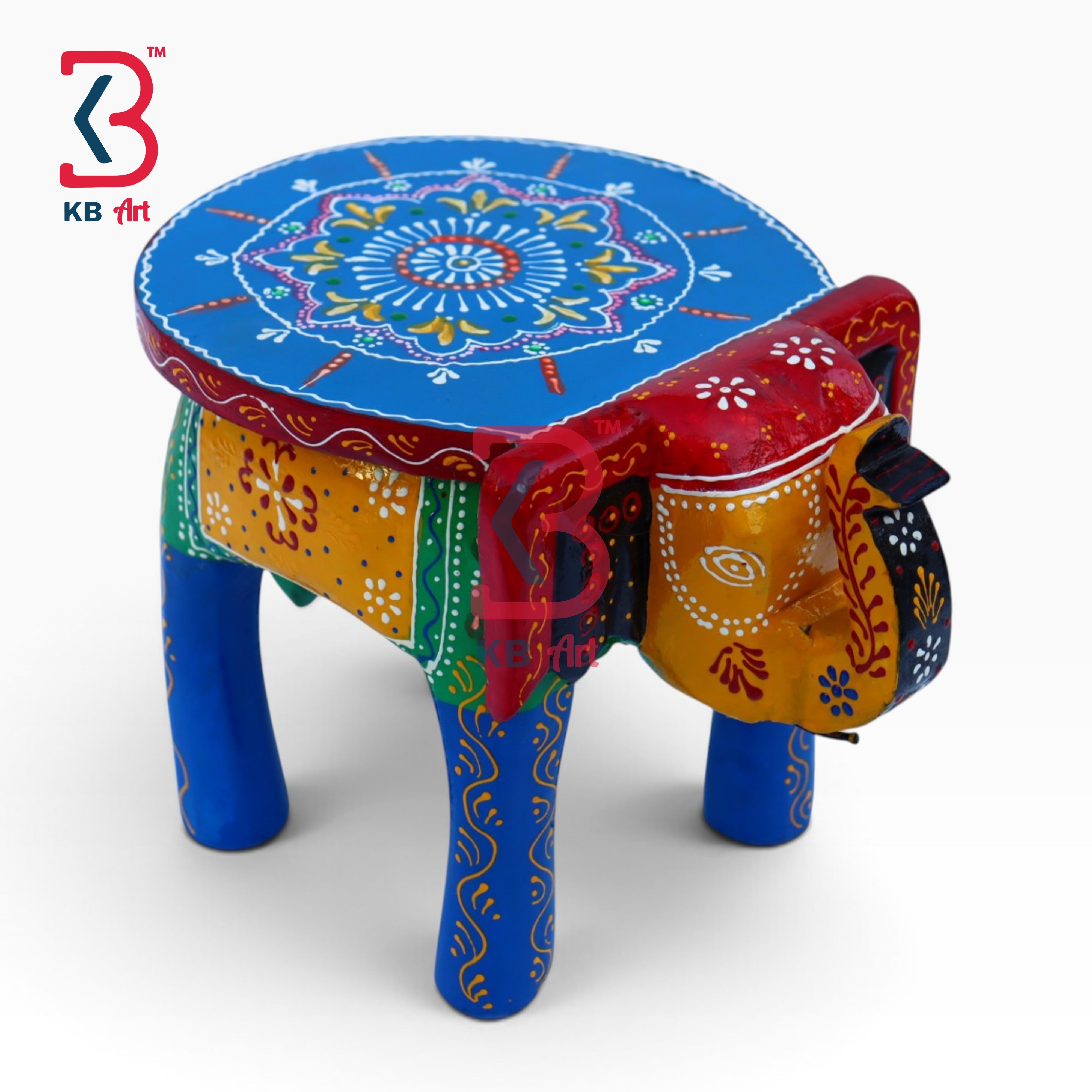 KB ART Wooden Elephant Stool KB-5106 - hand finished finish featuring elephant motif design, handmade Jodhpur wood decor
