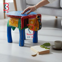 KB ART Wooden Elephant Stool KB-5106 - hand finished finish featuring elephant motif design, handmade Jodhpur wood decor