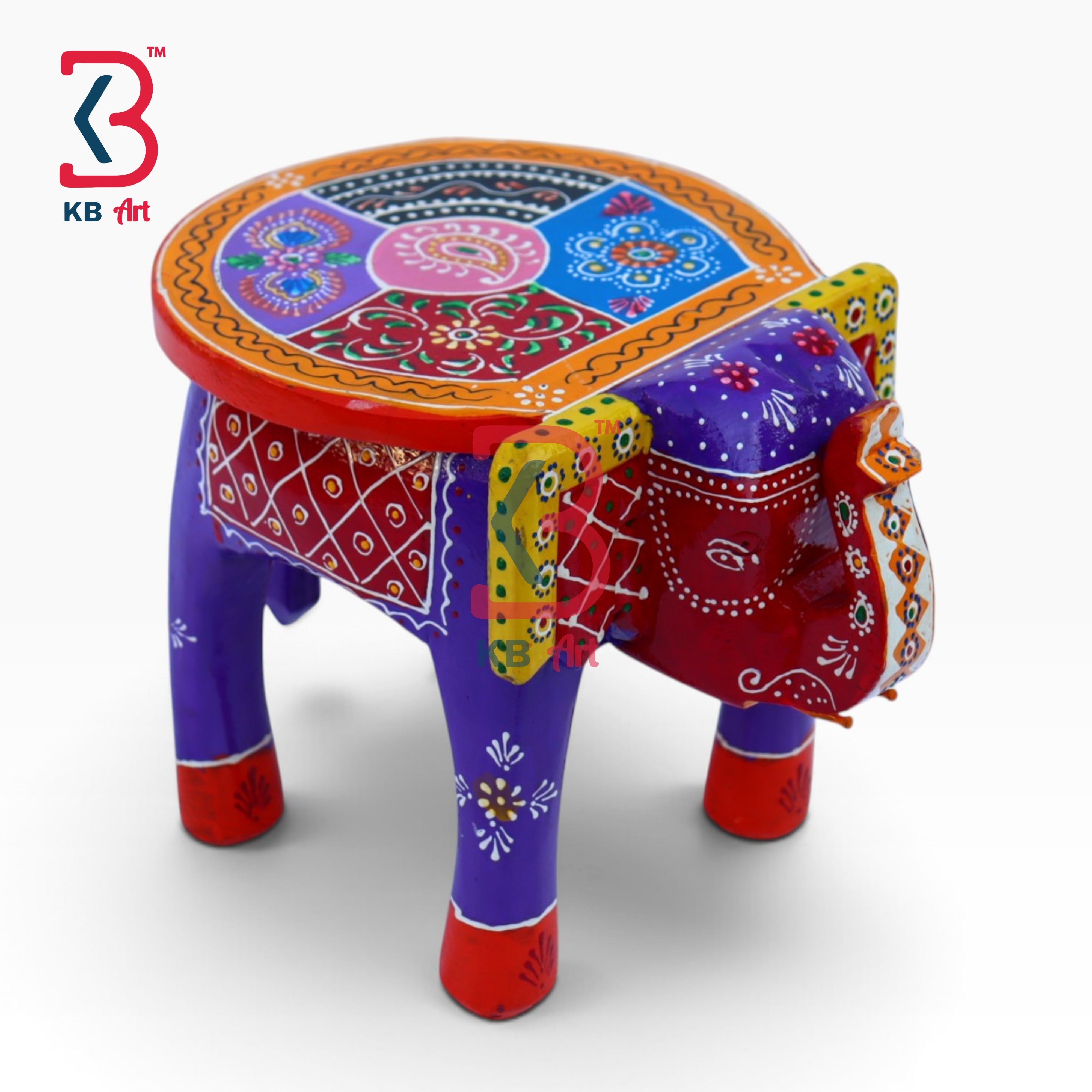 KB ART Wooden Elephant Stool KB-5107 - hand finished finish featuring elephant motif design, handmade Jodhpur wood decor