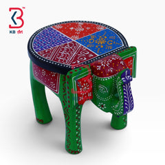 KB ART Wooden Elephant Stool KB-5108 - hand finished finish featuring elephant motif design, handmade Jodhpur wood decor