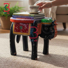 Solid Wood Handcrafted Elephant Stool Kids Room Indian Home Decor Styling Traditional Artisan Furniture Accent Display Puja Mandir Ritual Festive