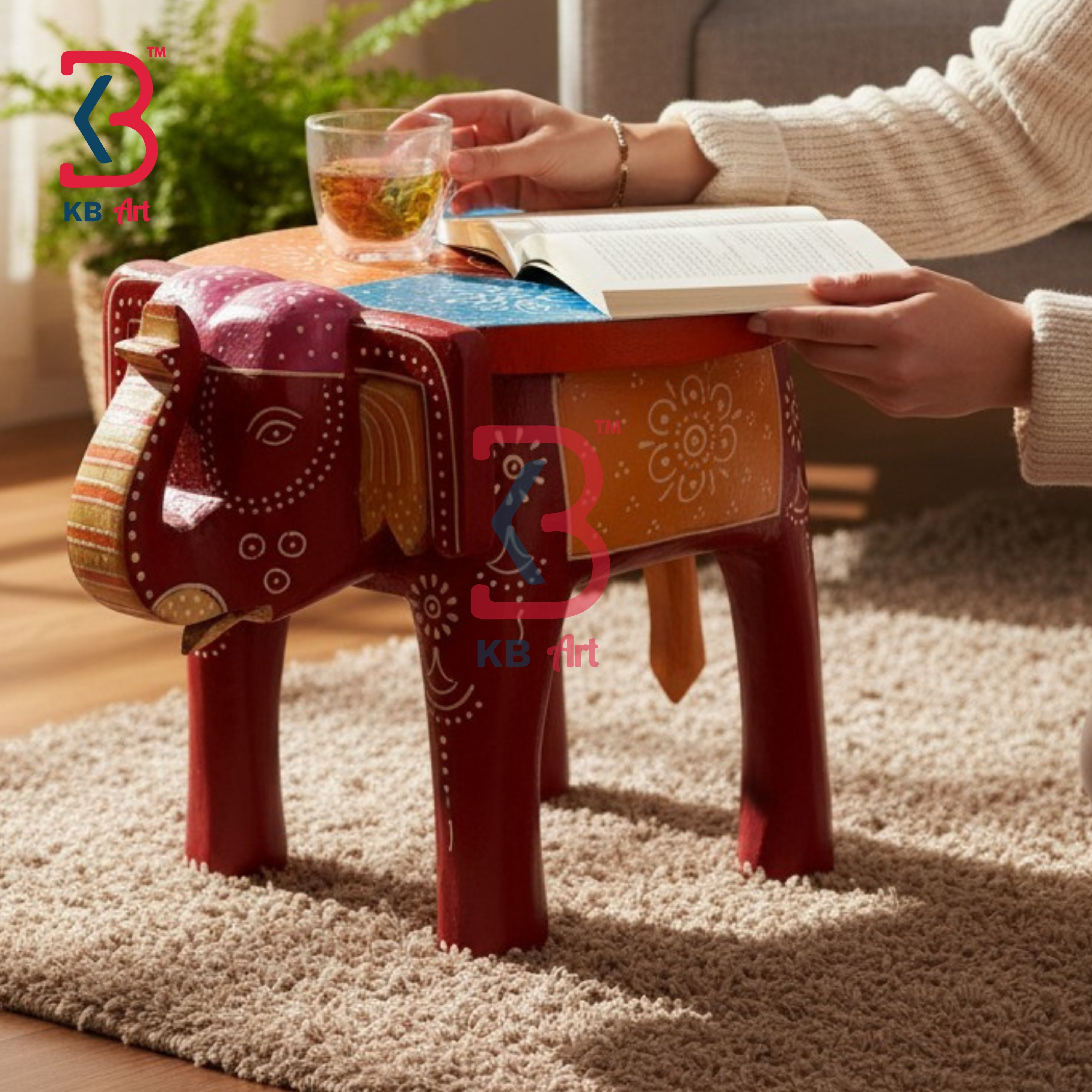 KB ART Wooden Elephant Stool KB-5112 - hand finished finish featuring elephant motif design, handmade Jodhpur wood decor